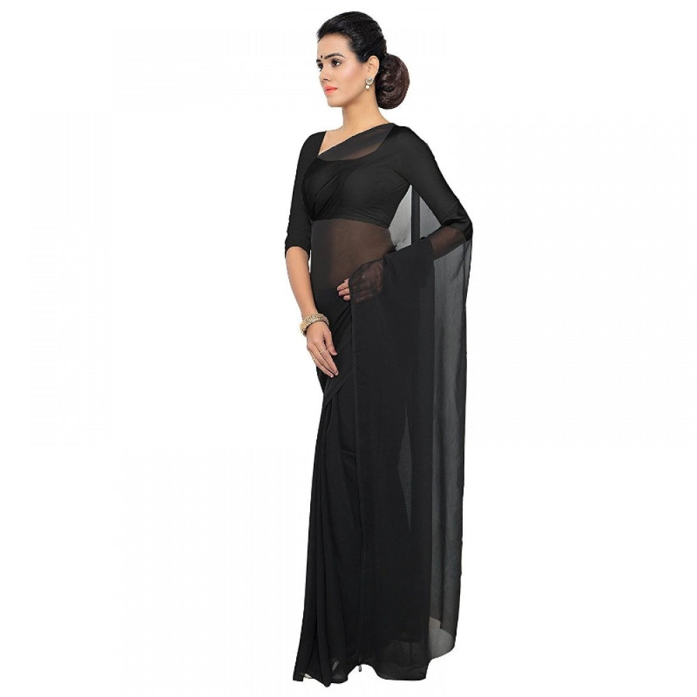 Generic Women's Georgette Plain Saree With Blouse (Black, 5-6 Mtrs)