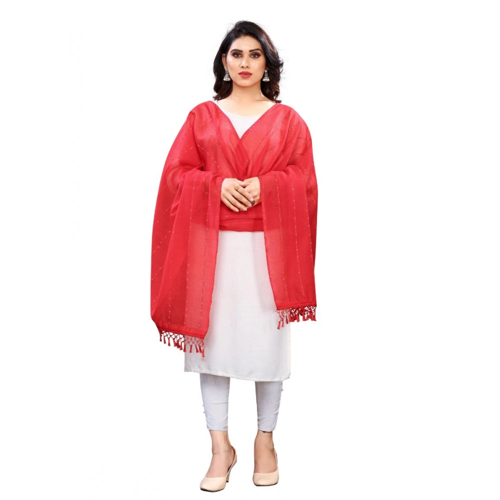 Generic Women's Cotton Silk Strips Printed Dupatta (Red, Length:2-2.4 mtr)