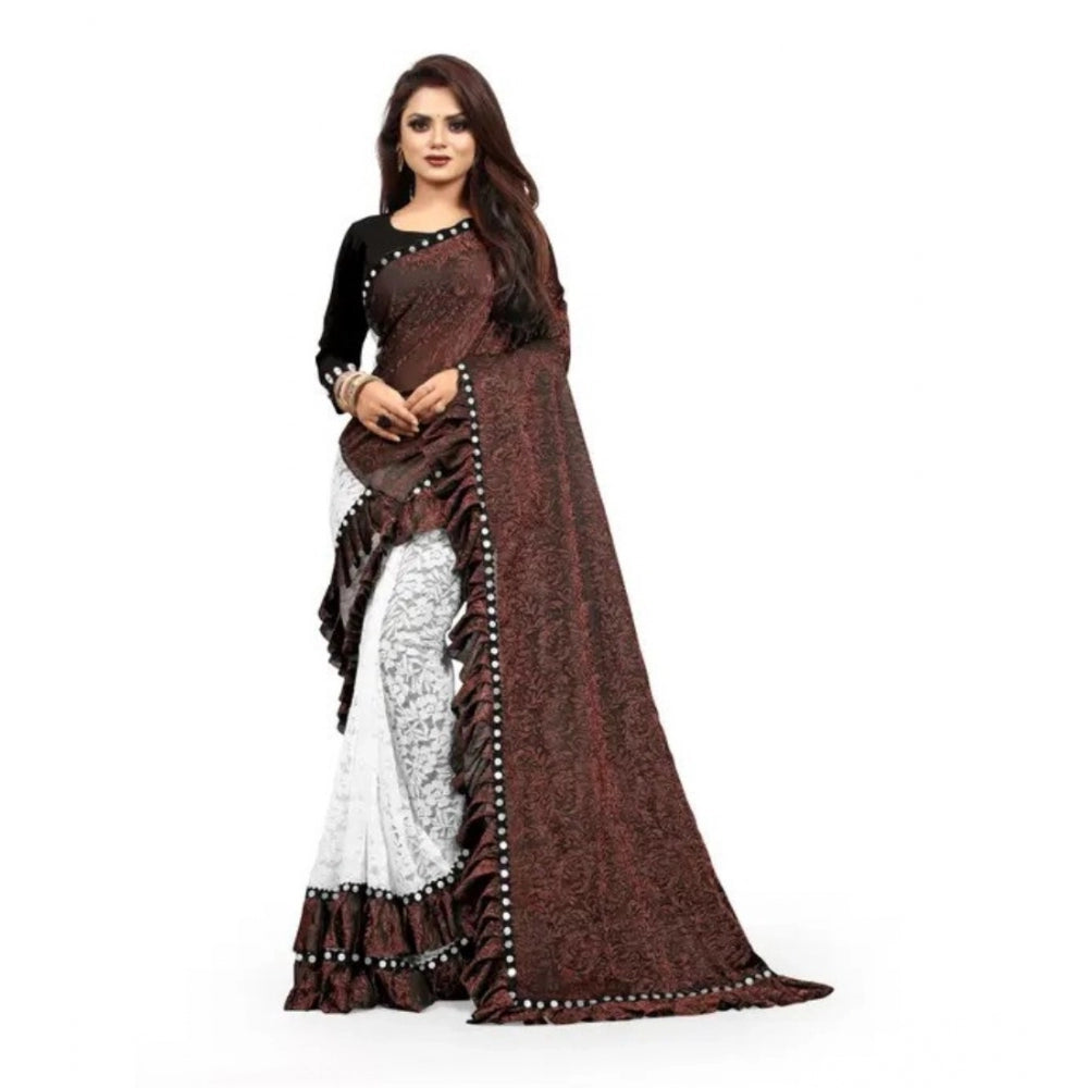 Generic Women's Silk With Mirror Lace Solid Saree With Unstitched Blouse (Brown, 5-5 Mtrs)