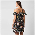 Generic Women's Polyester Floral Cold Shoulder Above Knee Dress (Black)