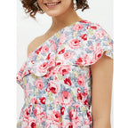 Generic Women's Polyester Floral One Shoulder Calf-length Dress (Multicolor)