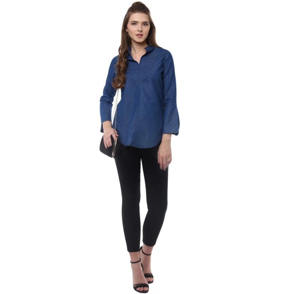Generic Women's Denim Solid Bell Sleeve Regular Top (Blue Denim)
