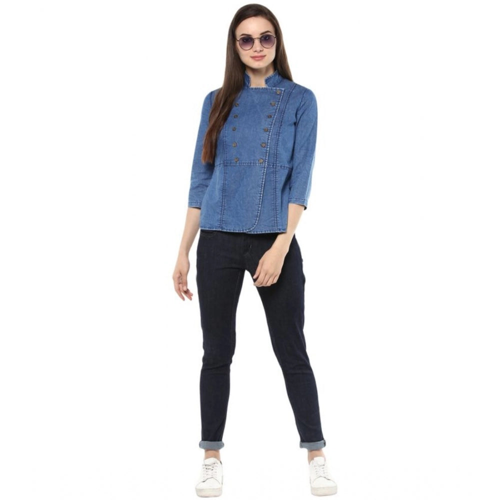Generic Women's Denim Solid 3-4th Sleeves Regular Top (Blue)