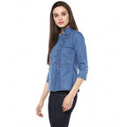 Generic Women's Denim Solid 3-4th Sleeves Regular Top (Blue)