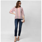 Generic Women's Polyester Striped 3-4th Sleeves Top (Pink)