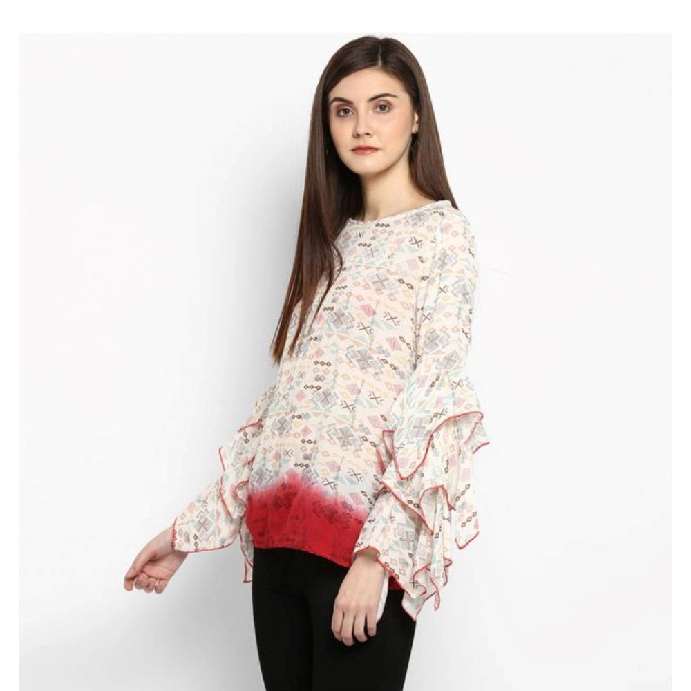 Generic Women's Rayon Crepe Printed Ruffle Sleeve Top (Off White - Red)