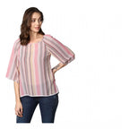 Generic Women's Polyester Striped 3-4th Sleeves Top (Pink)