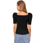Generic Women's Polyester Solid Puff Short Sleeves Sweetheart Neck Top (Black)