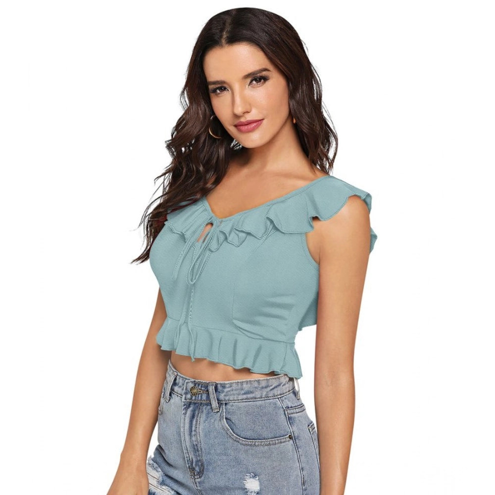 Generic Women's Polyester Solid Sleeveless Ruffle Neck Top (Pista)