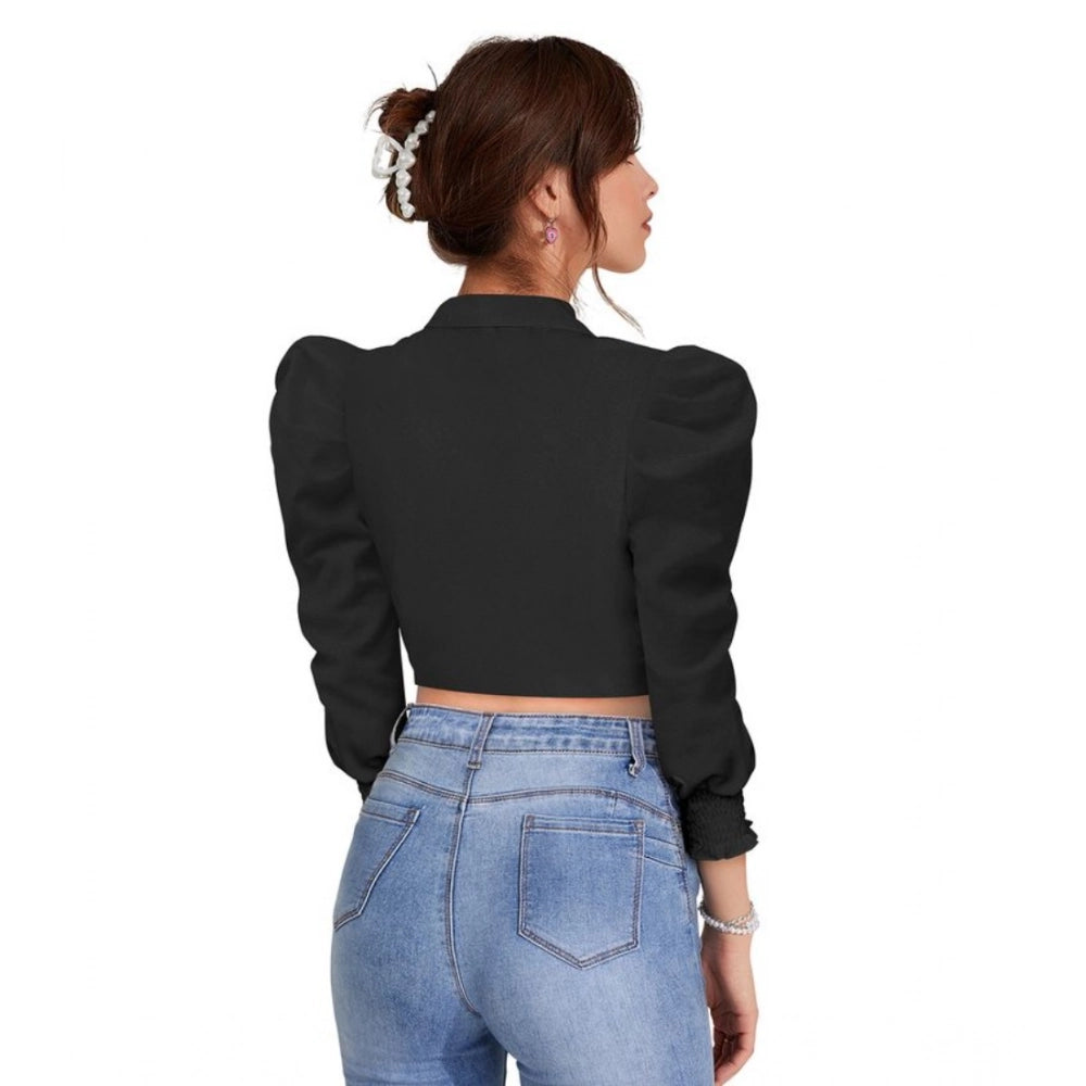 Generic Women's Polyester Solid Puff Sleeves Lapel Collar Top (Black)