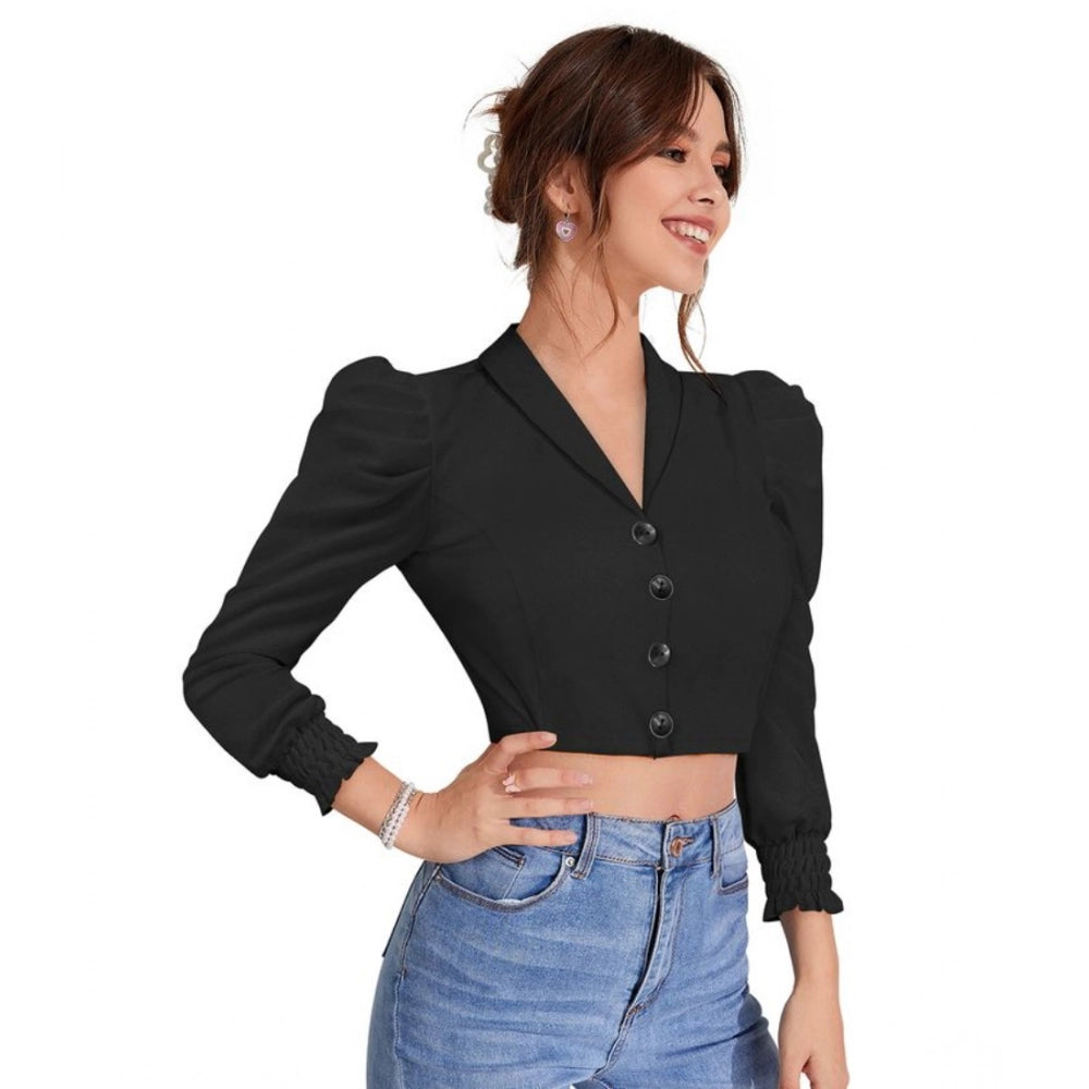 Generic Women's Polyester Solid Puff Sleeves Lapel Collar Top (Black)