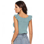 Generic Women's Polyester Solid Sleeveless Ruffle Neck Top (Pista)