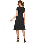 Generic Women's Knitting stretchable Solid Round Neck Cap Sleeve Dress (Black)