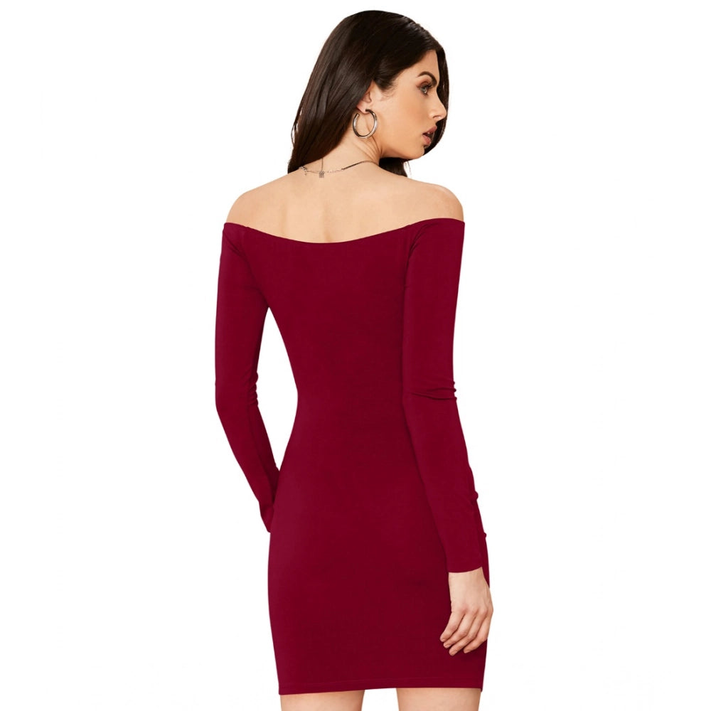 Generic Women's Knitting stretchable Solid V Neck Full Sleeve Dress (Maroon)