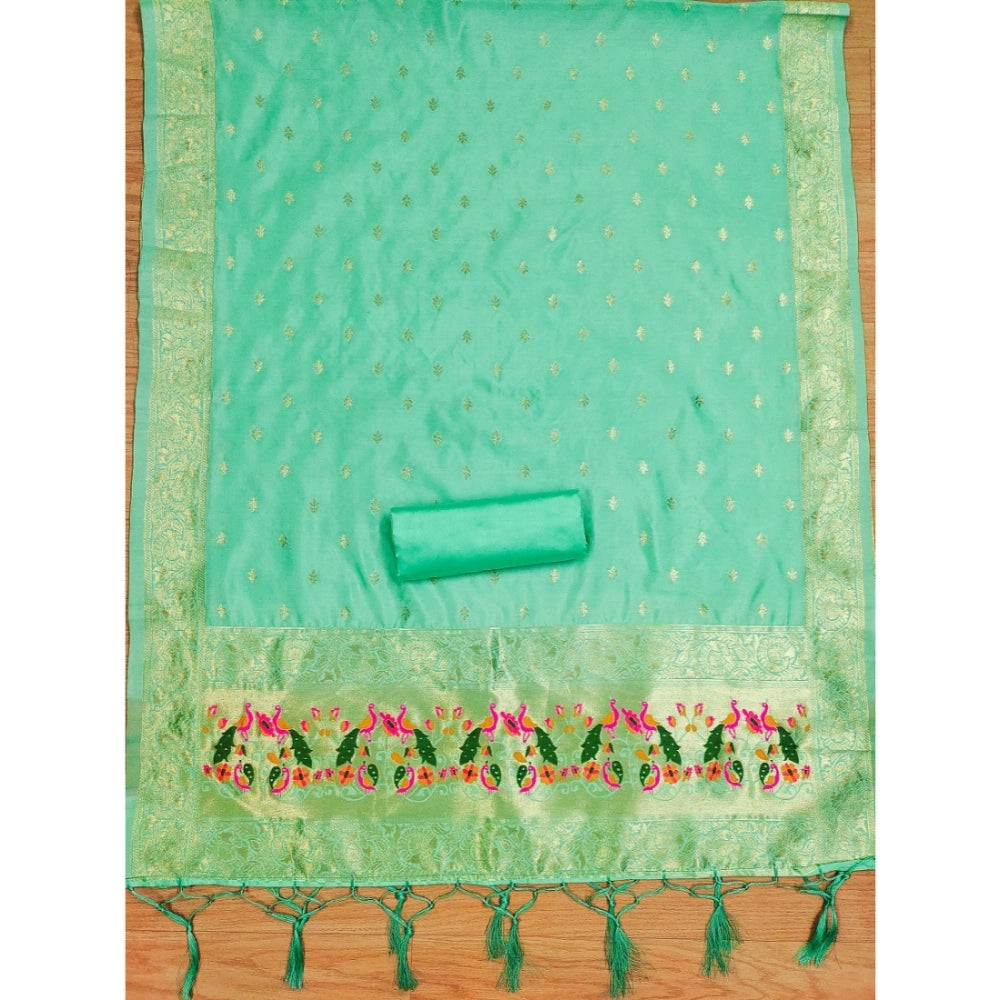 Generic Women's Banarasi Silk Printed Unstitched Salwar Suit Material With Dupatta (Seagreen, 3Mtrs)