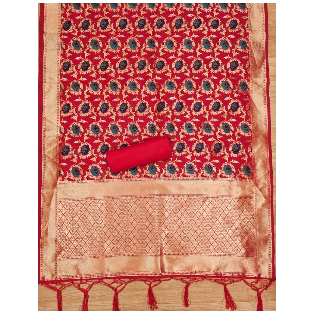 Generic Women's Banarasi Silk Printed Unstitched Salwar Suit Material With Dupatta (Red, 3Mtrs)