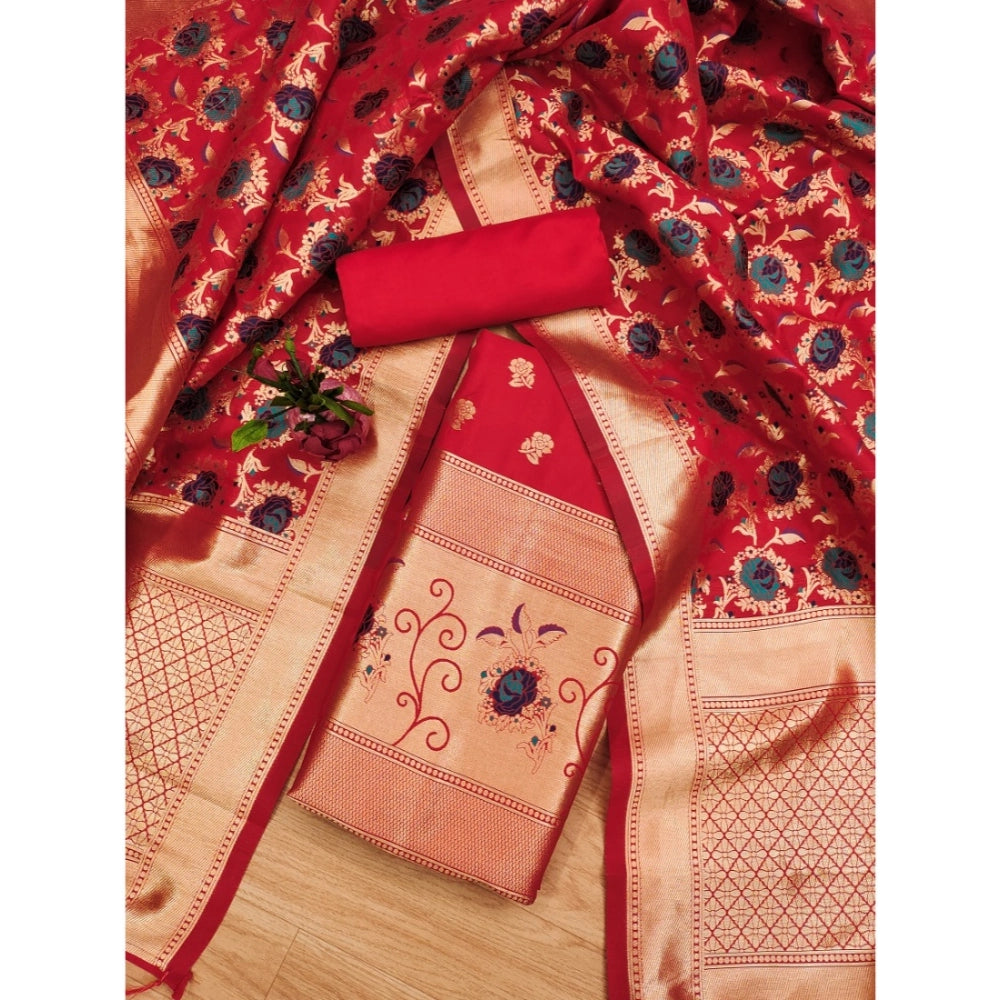 Generic Women's Banarasi Silk Printed Unstitched Salwar Suit Material With Dupatta (Red, 3Mtrs)