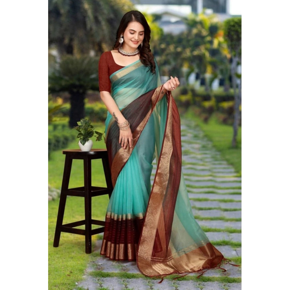 Generic Women's Khadi Cotton  Solid Saree With Unstitched Blouse 5.5Mtr (Sky Blue)