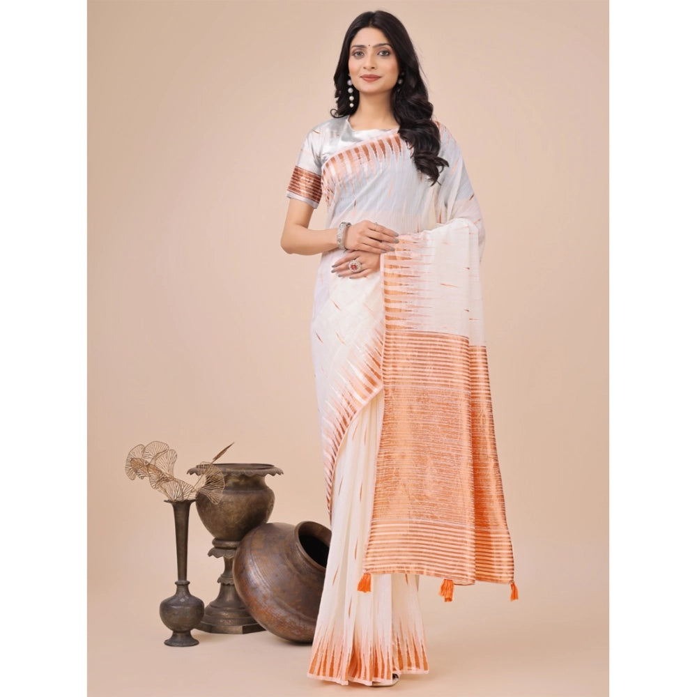 Generic Women's Linen Cotton Printed Saree With Unstitched Blouse 5.5Mtr (White)