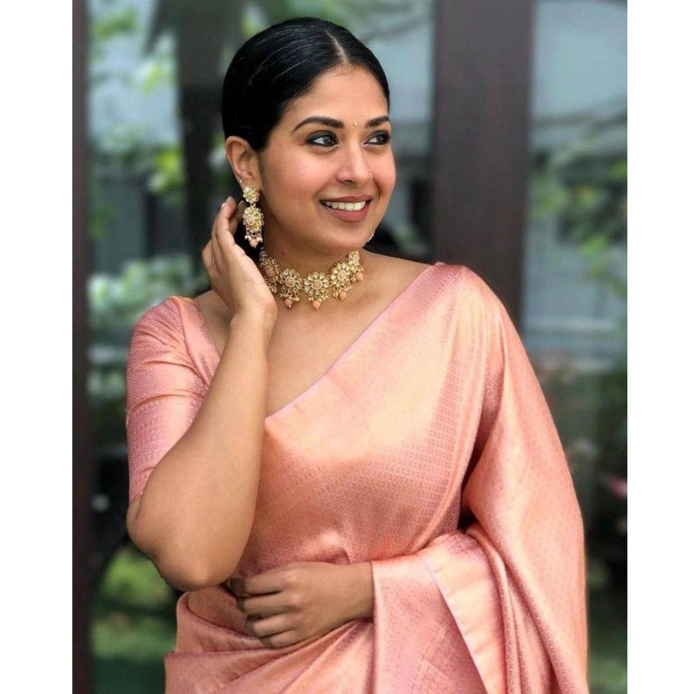 Generic Women's Silk Printed Saree With Unstitched Blouse 5.5Mtr (Peach)