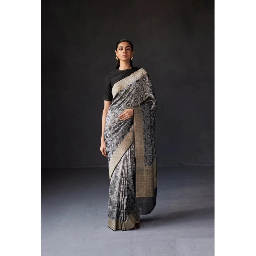 Generic Women's Silk Printed Saree With Unstitched Blouse 5.5Mtr (Grey)