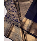 Generic Women's Silk Printed Saree With Unstitched Blouse 5.5Mtr (Navy Blue)