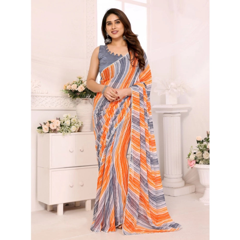 Generic Women's Small Lace Georgette Striped Ready-to-Wear Saree With Unstitched Blouse 5.5 Mtr (Grey)