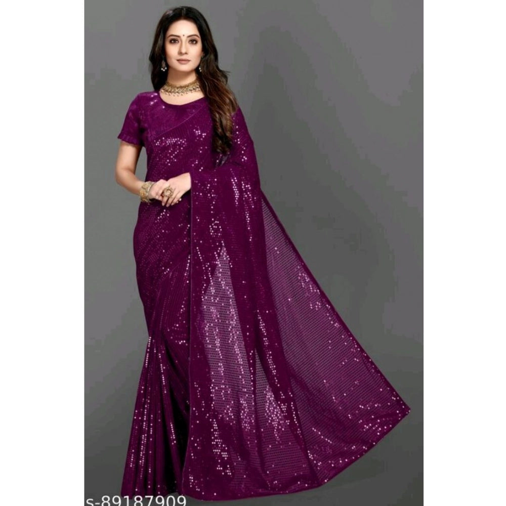 Generic Women's Georgette Embellished Sequnece Bollywood Saree With Unstitched Blouse 5.5Mtr (Purple)