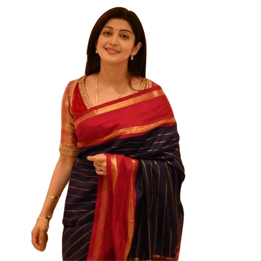 Generic Women's Silk Printed Saree With Unstitched Blouse 5.5Mtr (Navy Blue)