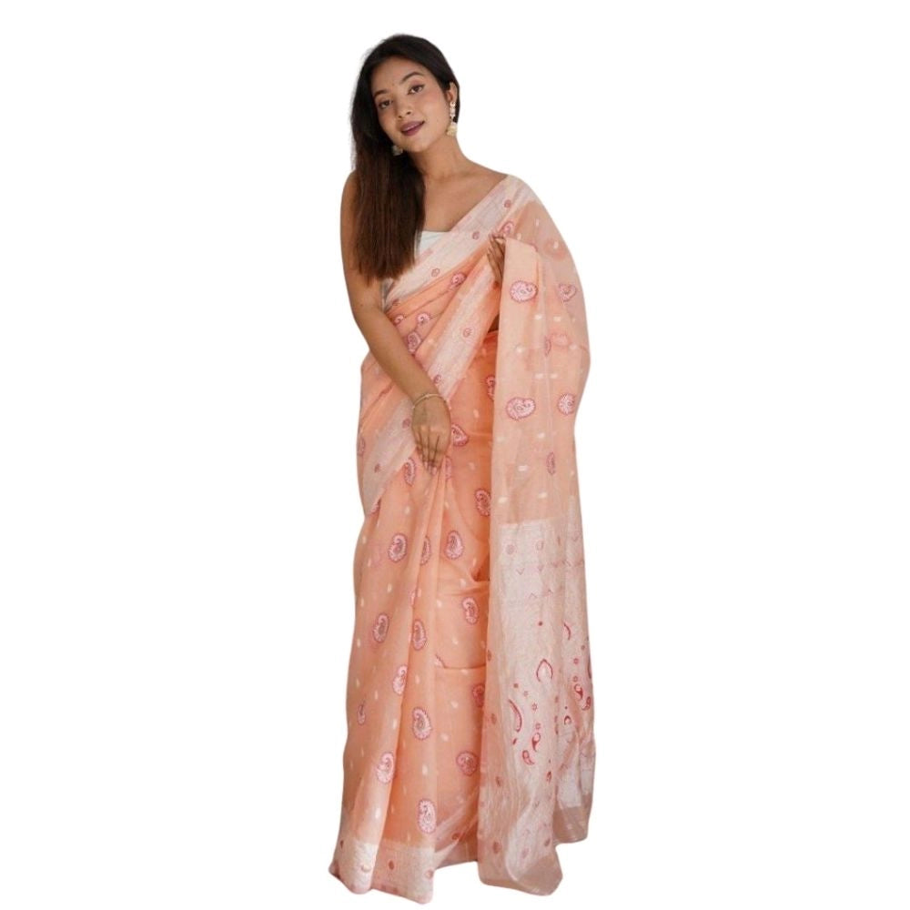 Generic Women's Cotton  Printed Saree With Unstitched Blouse 5.5Mtr (Peach)