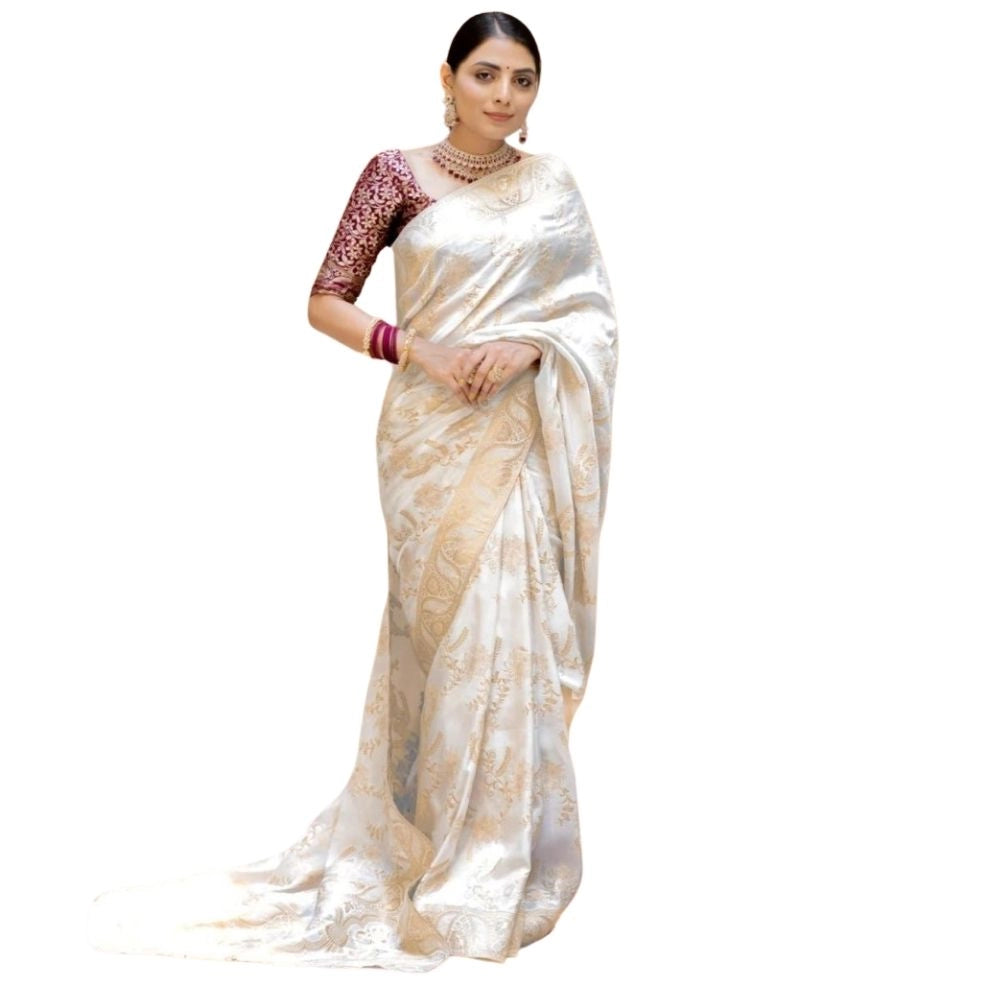 Generic Women's Silk Printed Saree With Unstitched Blouse 5.5Mtr (White)