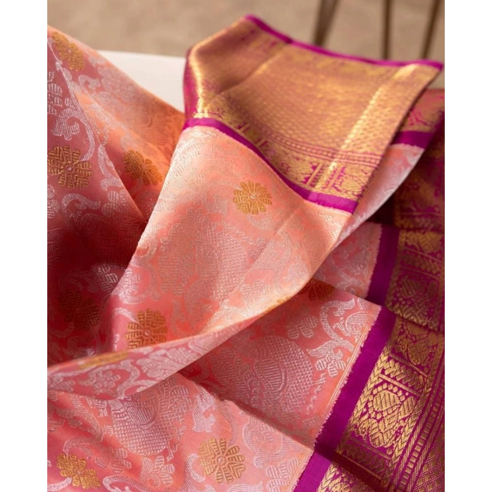 Generic Women's Soft Lichi Silk Printed Saree With Unstitched Blouse 5.5Mtr (Pink)