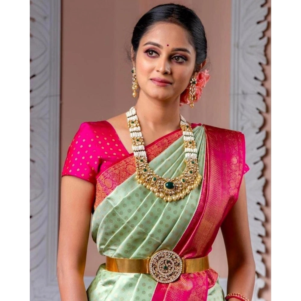 Generic Women's Soft Lichi Silk Printed Saree With Unstitched Blouse 5.5Mtr (Light Green)