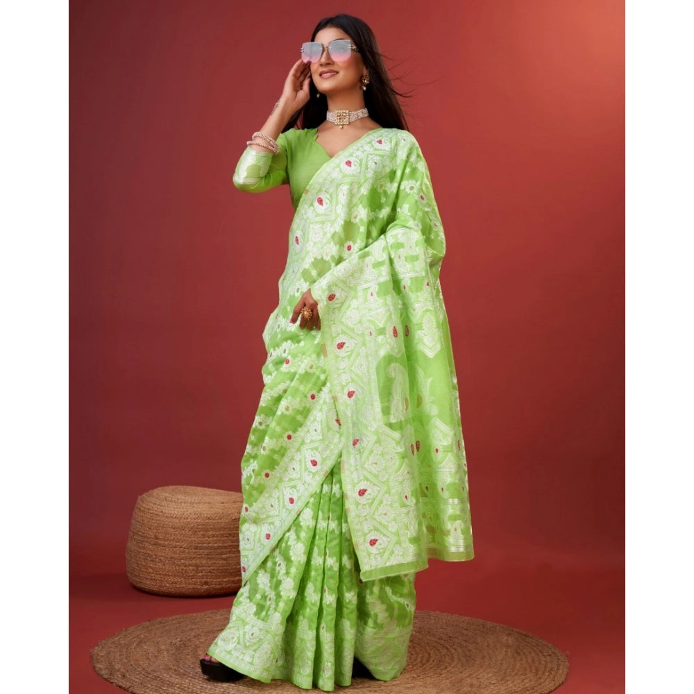 Generic Women's Cotton Silk Printed Saree With Unstitched Blouse 5.5Mtr (Light Green)