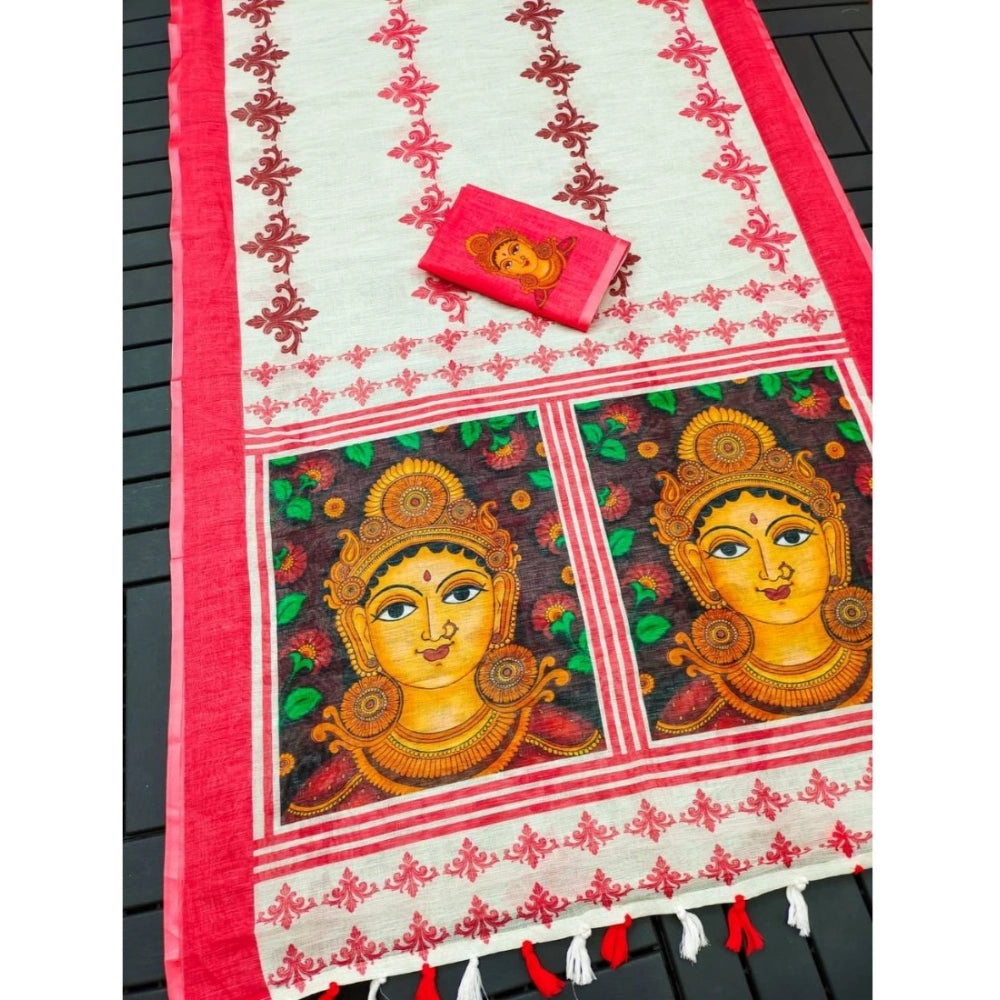 Generic Women's linen Digital Print Saree With Unstitched Blouse 5.5Mtr (White)