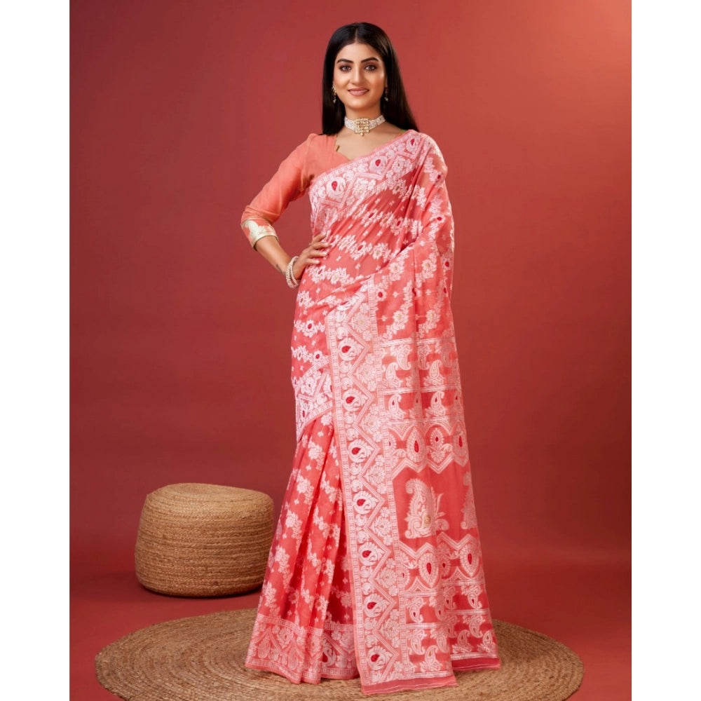 Generic Women's Cotton Silk Printed Saree With Unstitched Blouse 5.5Mtr (Peach)