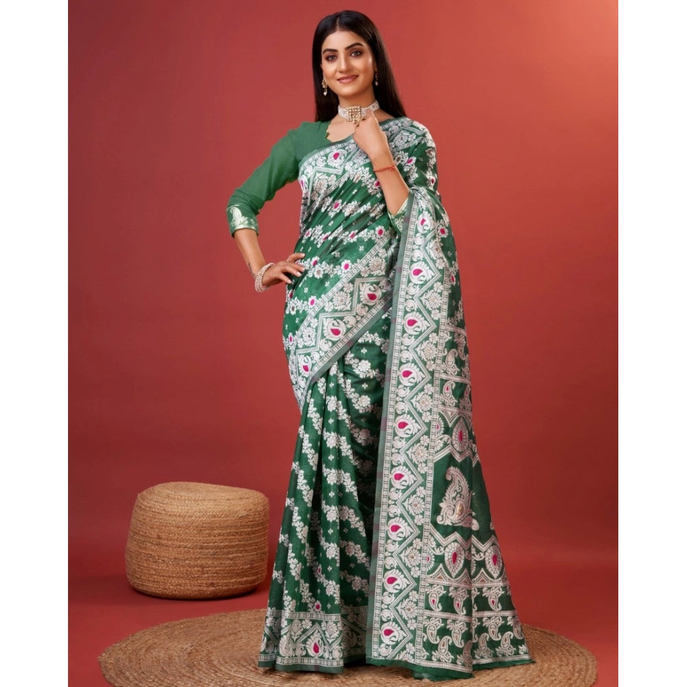 Generic Women's Cotton Silk Printed Saree With Unstitched Blouse 5.5Mtr (Green)