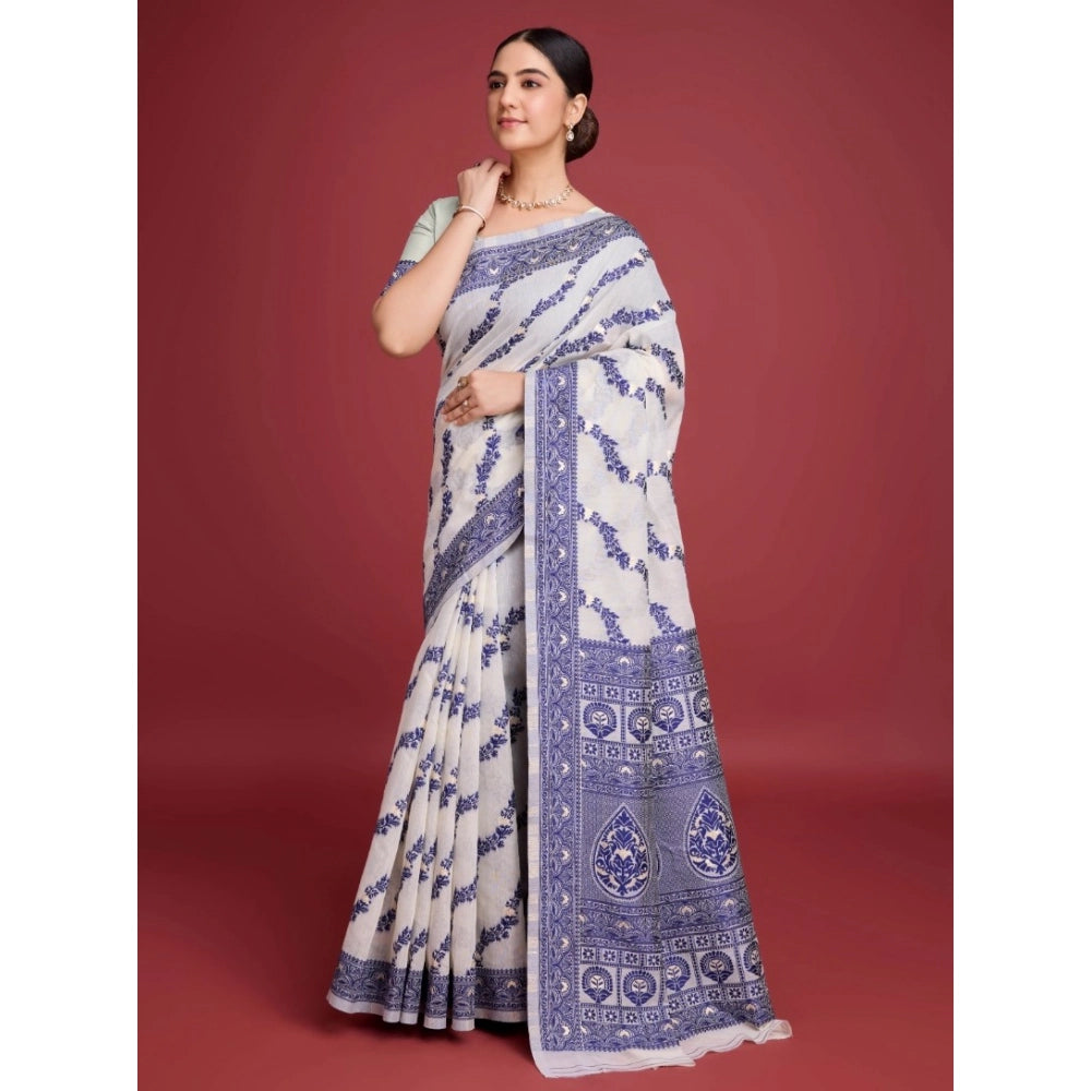 Generic Women's Jamdani Cotton Silk Printed Saree With Unstitched Blouse 5.5Mtr (Navy Blue)