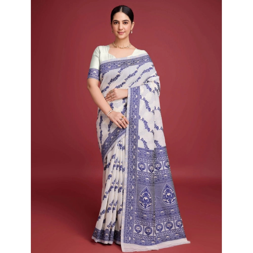 Generic Women's Jamdani Cotton Silk Printed Saree With Unstitched Blouse 5.5Mtr (Navy Blue)