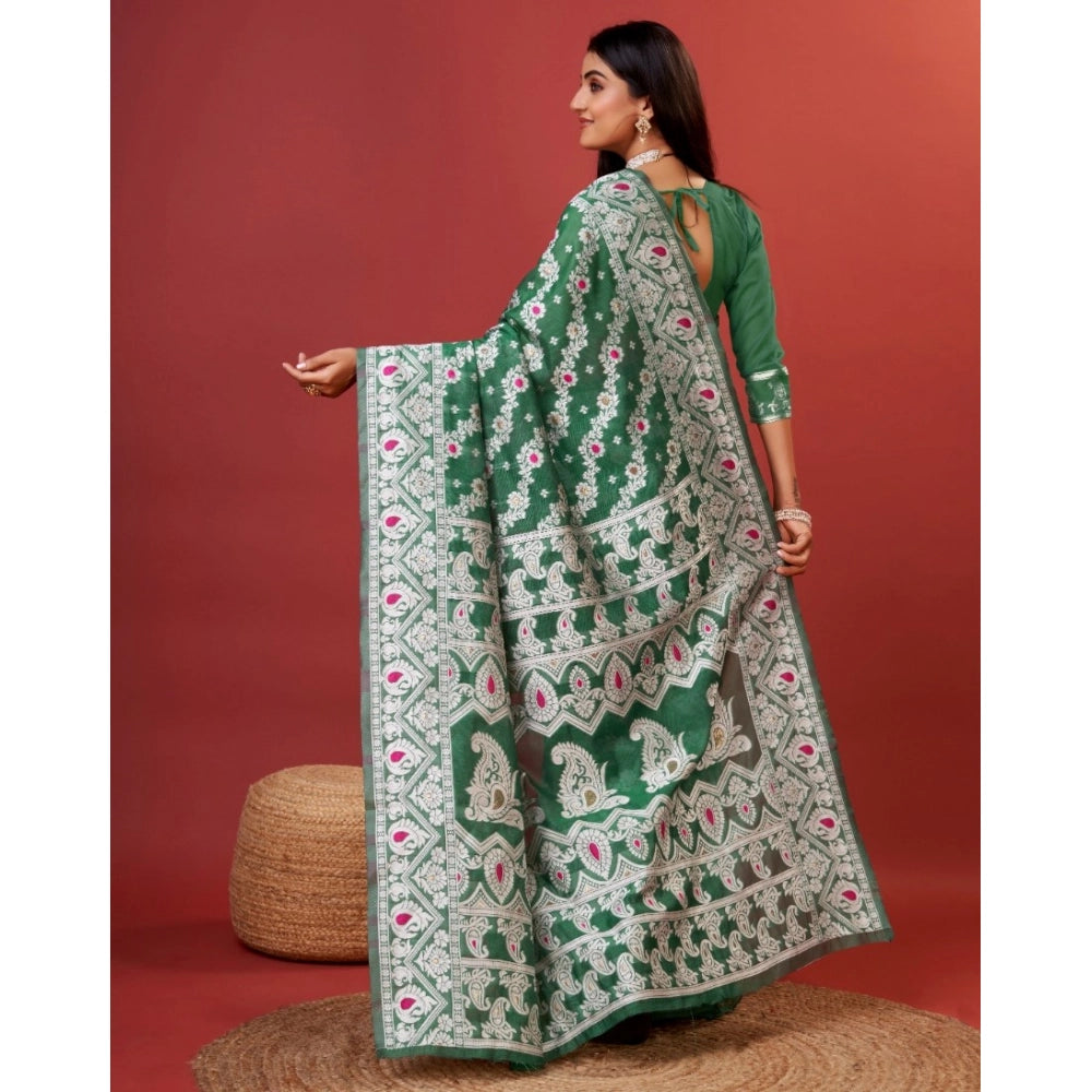 Generic Women's Cotton Silk Printed Saree With Unstitched Blouse 5.5Mtr (Green)