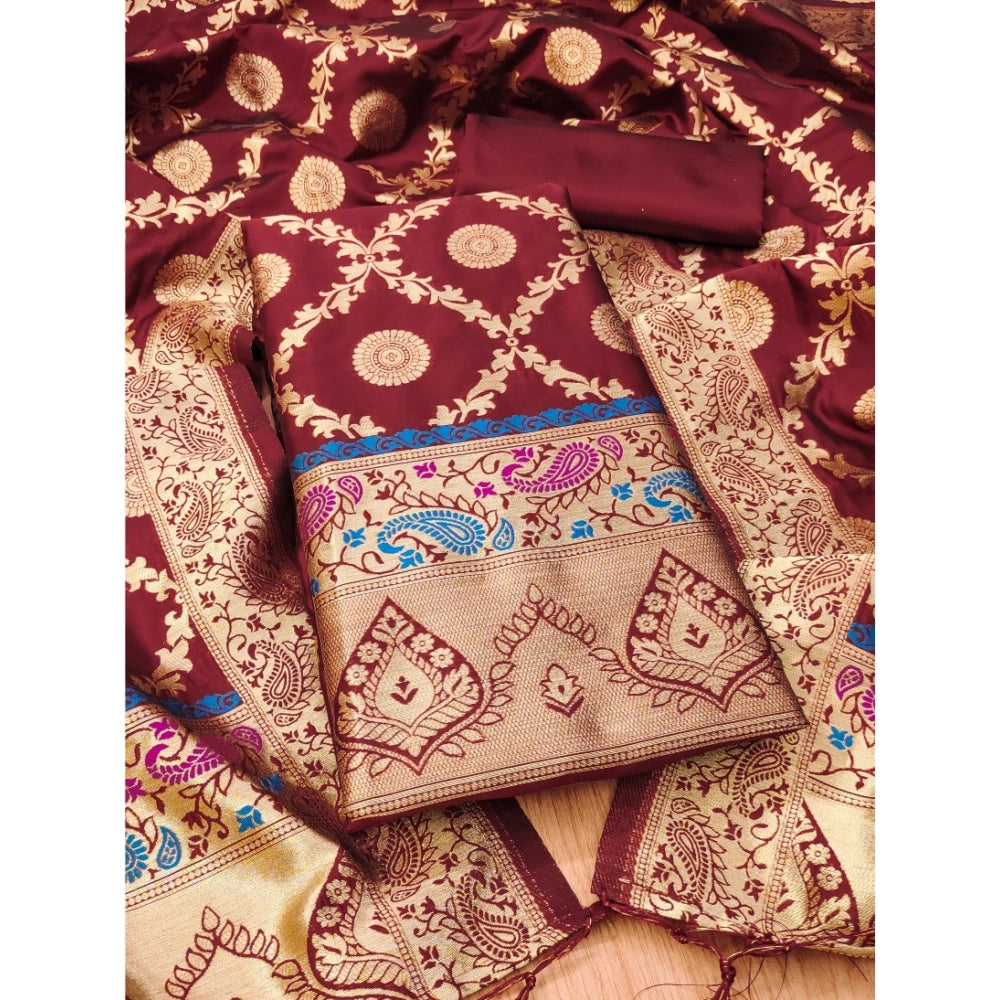 Generic Women's Banarasi Silk Printed Unstitched Salwar Suit Material With Dupatta (Maroon, 3Mtrs)