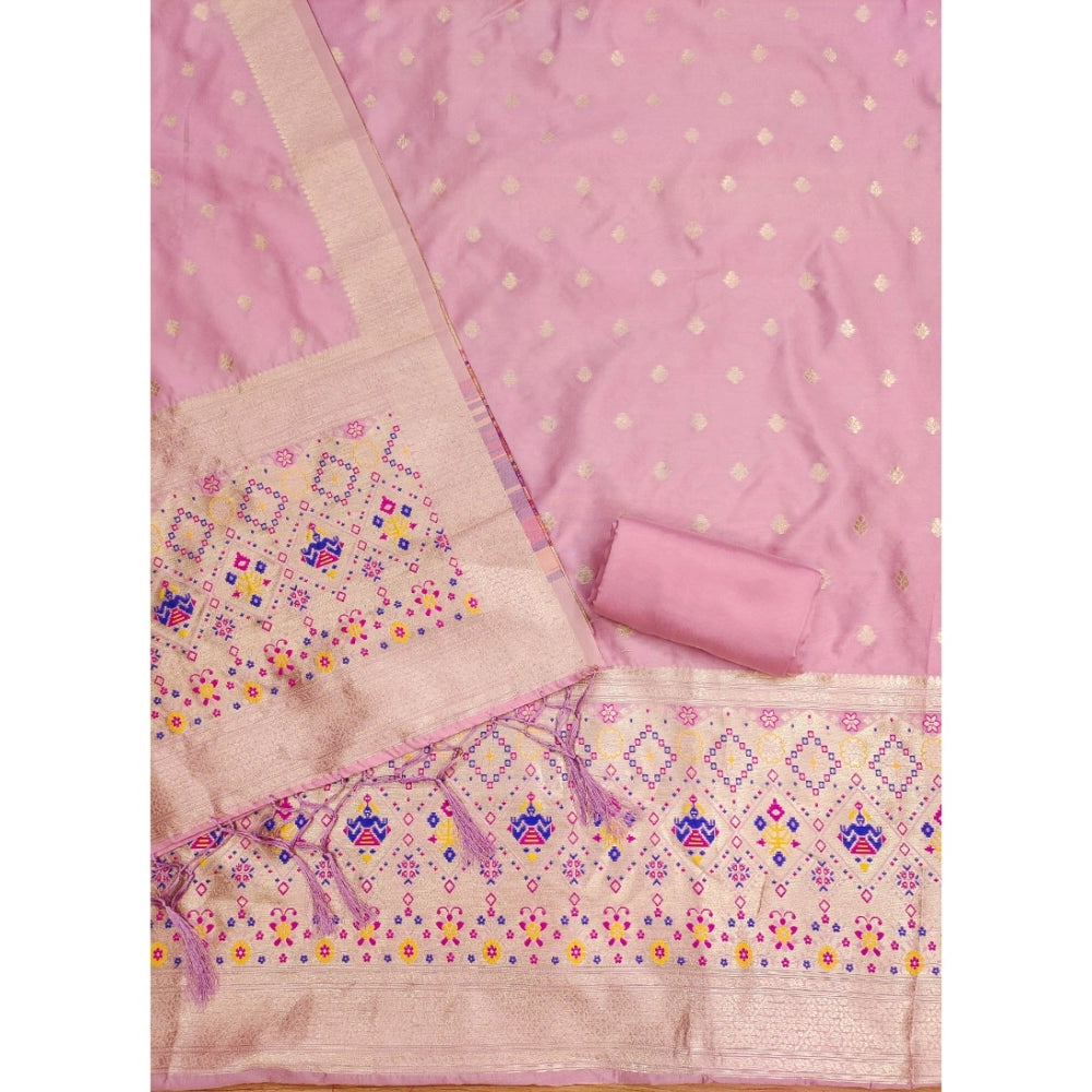 Generic Women's Banarasi Silk Printed Unstitched Salwar Suit Material With Dupatta (Light Pink, 3Mtrs)