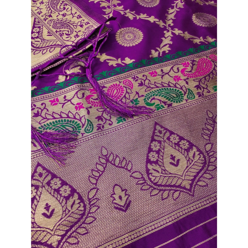 Generic Women's Banarasi Silk Printed Unstitched Salwar Suit Material With Dupatta (Purple, 3Mtrs)