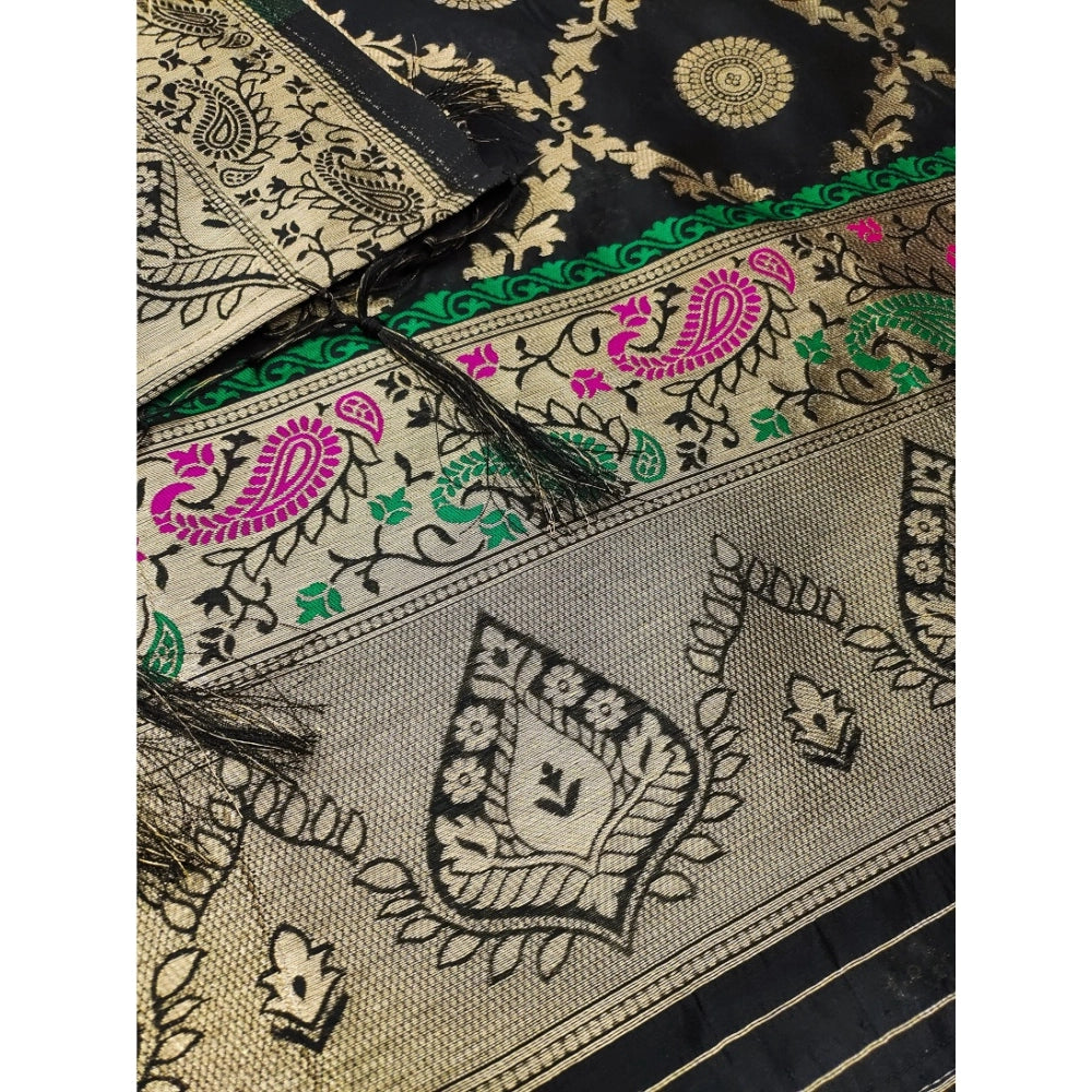 Generic Women's Banarasi Silk Printed Unstitched Salwar Suit Material With Dupatta (Black, 3Mtrs)
