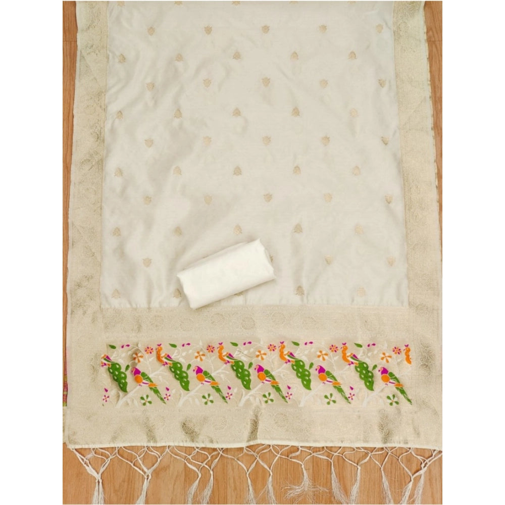 Generic Women's Banarasi Silk Printed Unstitched Salwar Suit Material With Dupatta (White, 3Mtrs)