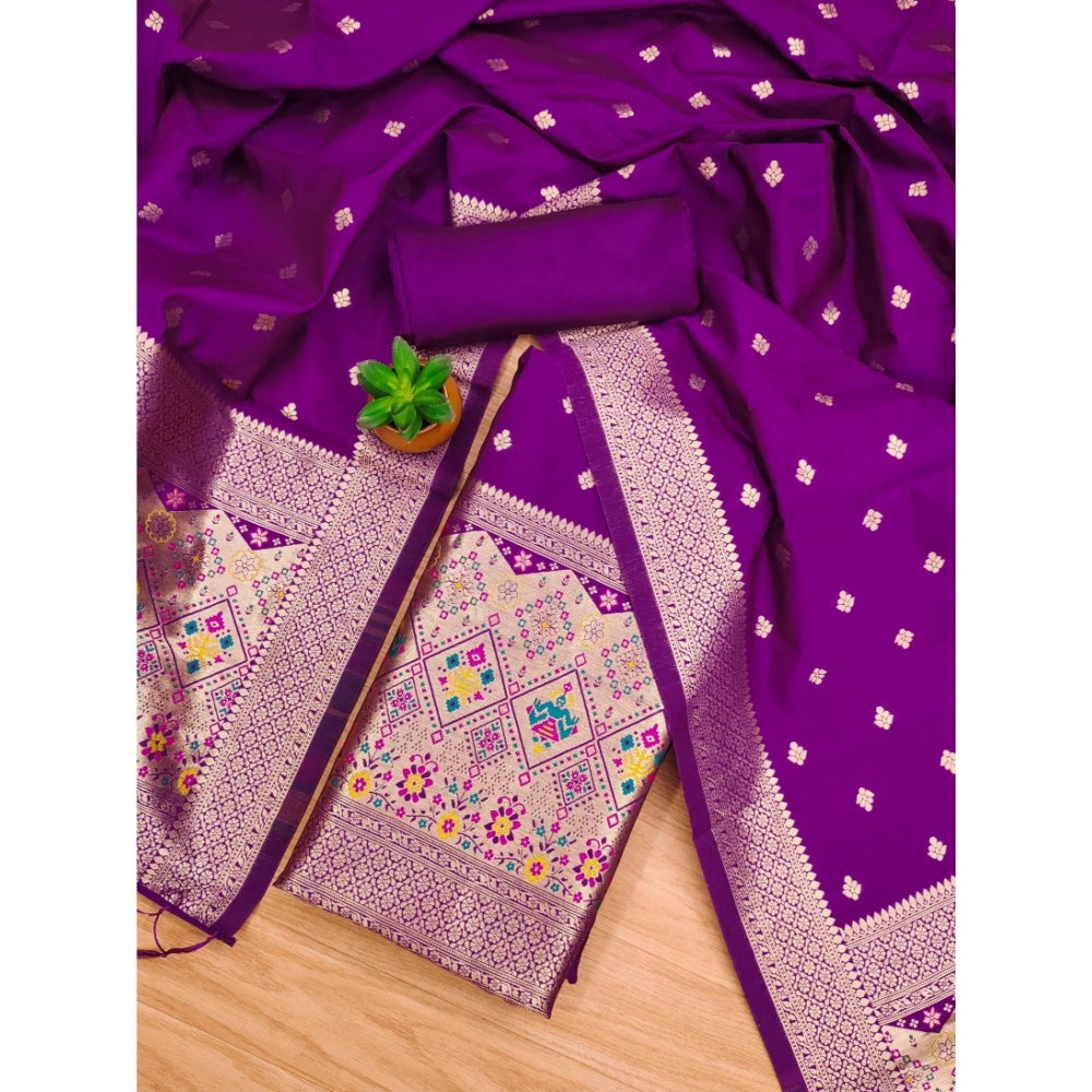 Generic Women's Banarasi Silk Printed Unstitched Salwar Suit Material With Dupatta (Purple, 3Mtrs)