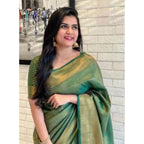 Generic Women's Litchi silk Printed Saree With Unstitched Blouse (Green)