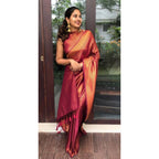 Generic Women's Litchi silk Printed Saree With Unstitched Blouse (Red)