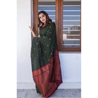 Generic Women's Litchi silk Printed Saree With Unstitched Blouse (Dark Green)