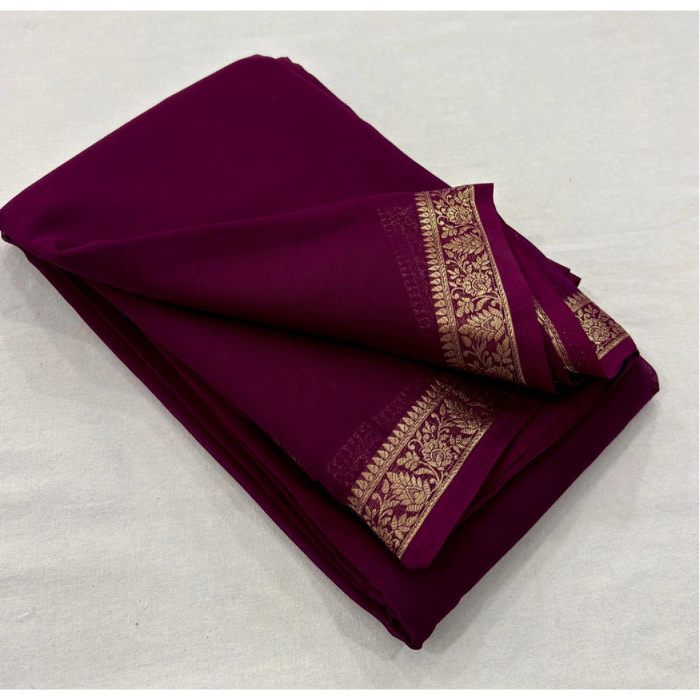 Generic Women's Crepe Chit Pallu Solid Saree With Unstitched Blouse 5.5Mtr (Wine)